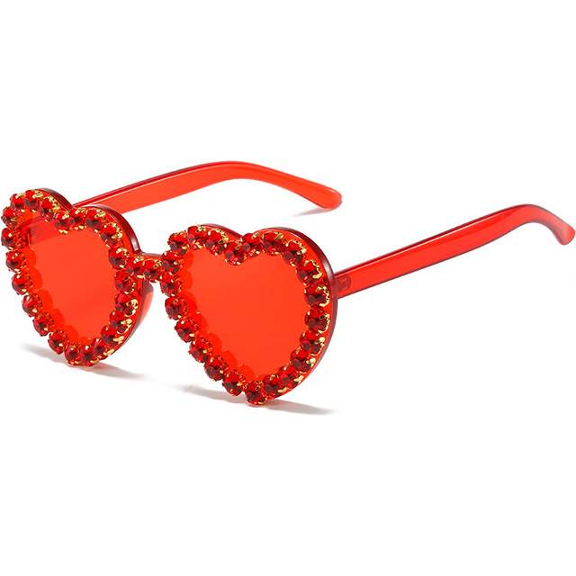 (Red, As Picture Show) Vintage Pink Heart Diamond Sunglasses for Women New Luxury Brand Diamond Sun Glasses Ladies Retro Hip Hop Cool Eyewear