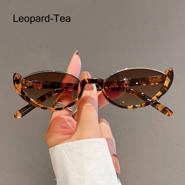 (Leopard-Tea) Vintage Small Cat Eye Sunglasses for Women Men Trendy Half-frame Y2K Style Sun Glasses Shades Party Eyewear Gift