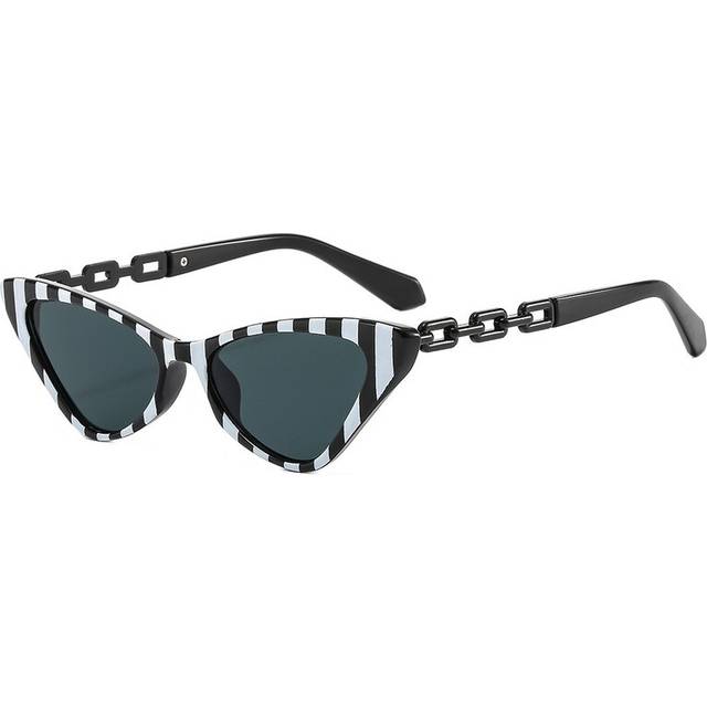 (WHITE STRIPE GRAY, Other) Small Retro Cat Eye Sunglasses For Women Colorful Vintage Eyewear Metal Chain Decoration Shades UV400 Female Sun Glasses