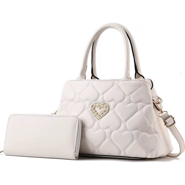 (White) Unique Heart Pattern Womens Casual Bag Durable Crossbody Tote With Zipper And Inside Pockets