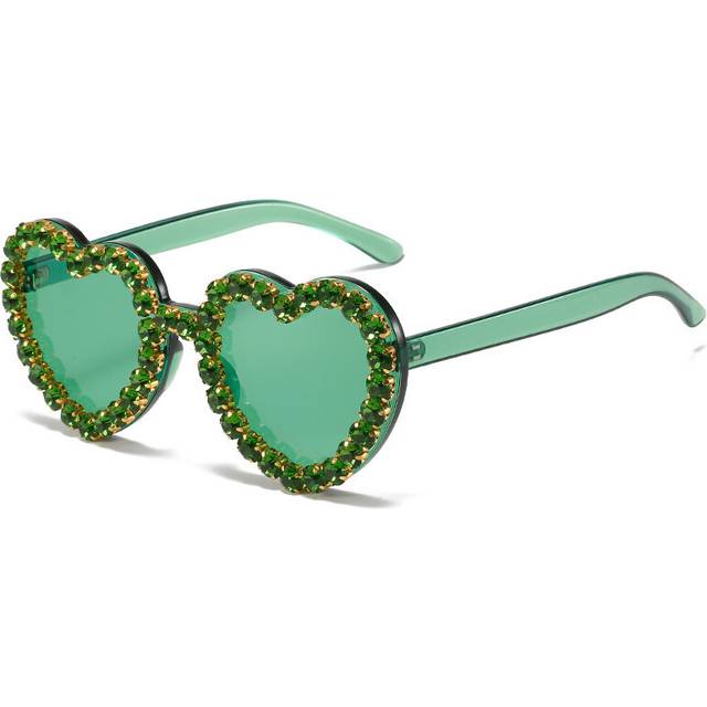 (Green Green, As Picture Show) Vintage Pink Heart Diamond Sunglasses for Women New Luxury Brand Diamond Sun Glasses Ladies Retro Hip Hop Cool Eyewear