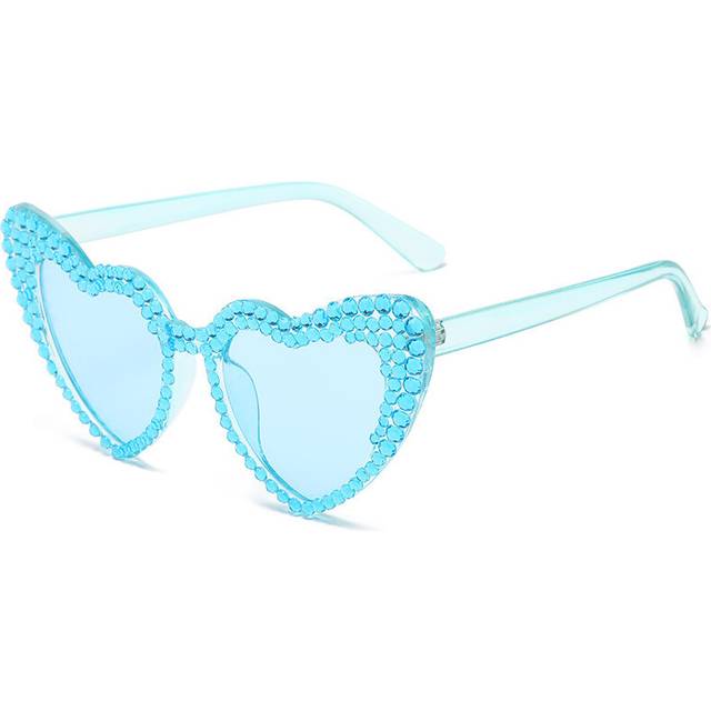 (Light Blue, only glasses) Women Luxury Diamond Frame Heart Shape Sunglasses Large Anti UV400 Sun Glasses for Ladies 2023 New Year Party Eyewear