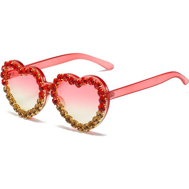 (Pink Yellow, As Picture Show) Vintage Pink Heart Diamond Sunglasses for Women New Luxury Brand Diamond Sun Glasses Ladies Retro Hip Hop Cool Eyewear
