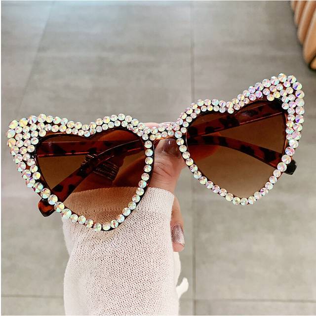 (leopard, As the picture) Women New Luxury Diamond Sunglasses Large Heart Shape Ultraviolet Sun Glasses for Ladies Unisex Large Frame Hip Hop Eyewear
