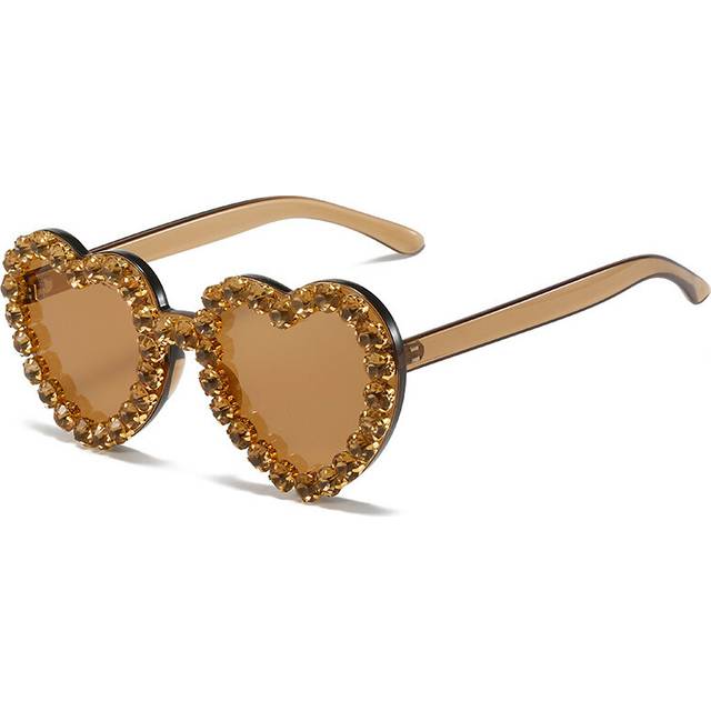 (Tea, As Picture Show) Vintage Pink Heart Diamond Sunglasses for Women New Luxury Brand Diamond Sun Glasses Ladies Retro Hip Hop Cool Eyewear