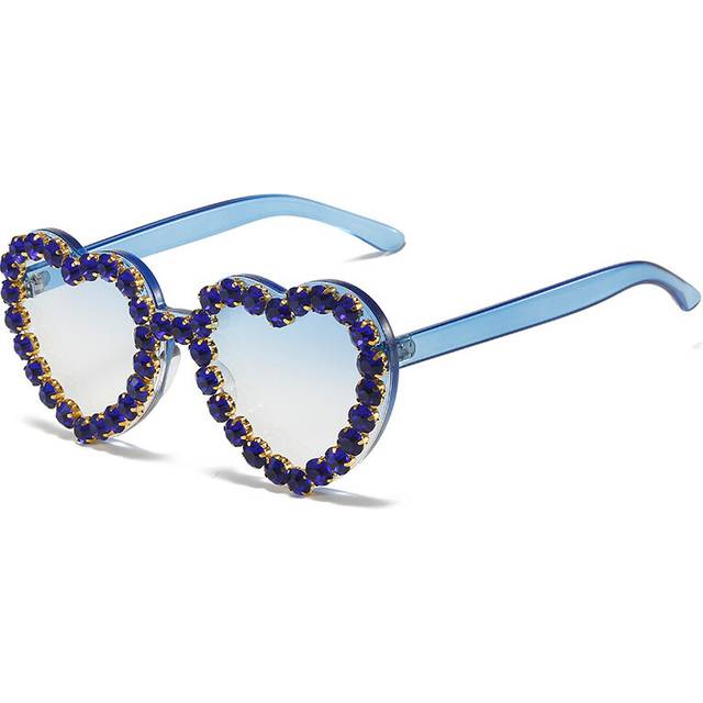 (Blue Blue, As Picture Show) Vintage Pink Heart Diamond Sunglasses for Women New Luxury Brand Diamond Sun Glasses Ladies Retro Hip Hop Cool Eyewear