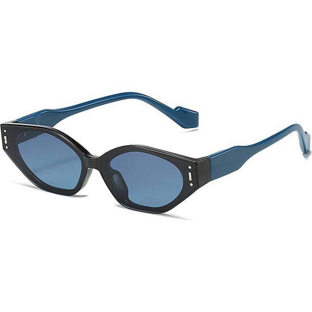 (Black blue blue, As the picture) Retro Small Cat Eye Polygon Sunglasses Women Double Color Eyewear Men Rivets Sun Glasses Shades UV400
