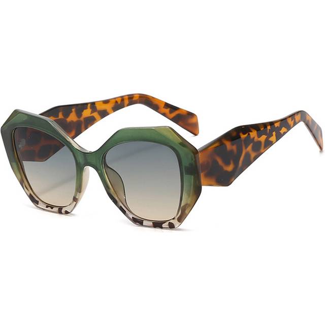 (Green leopard blue, As the picture) Oversized Polygon Cat Eye Sunglasses Women Retro Colorful Leopard Shades UV400 Men Gradient Sun Glasses