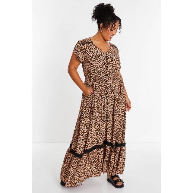 Curve Print Crochet Trim Maxi Dress - Brown - Size 16 - Quiz
