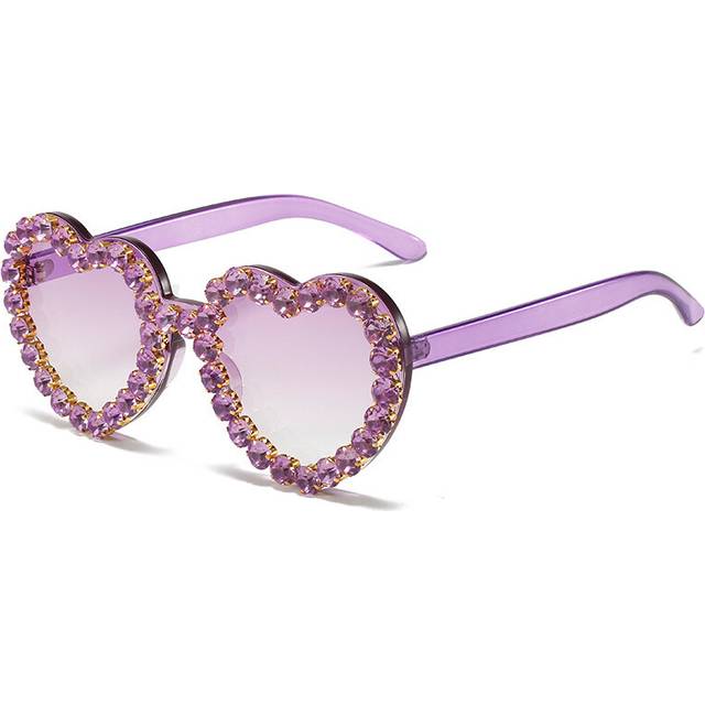 (Purple Purple, As Picture Show) Vintage Pink Heart Diamond Sunglasses for Women New Luxury Brand Diamond Sun Glasses Ladies Retro Hip Hop Cool Eyewea