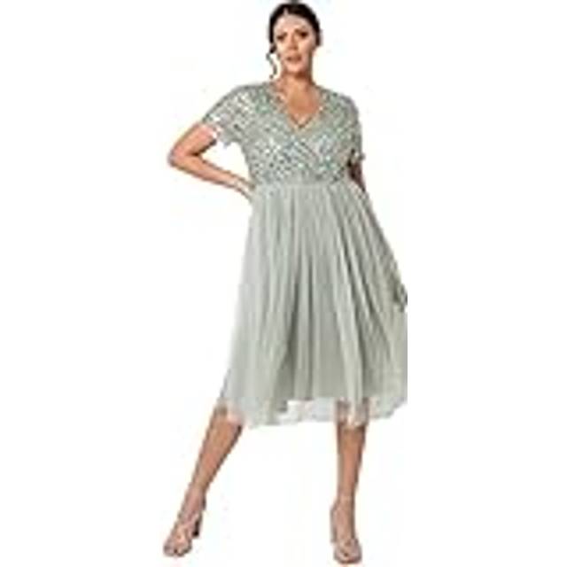 Short Sleeve V Neck Embellished Midi Dress - Mint - 26
