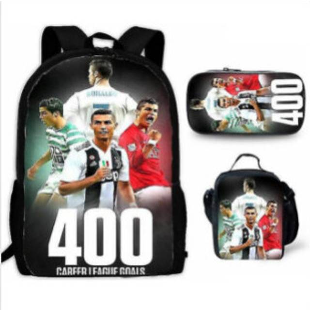 (5) 3Pcs Boys Girls Neymar Ronaldo Messi Backpack Lunch Bag Pencil Case Schoolbag
