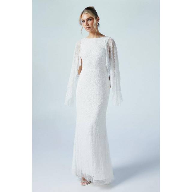 Cape Detail Sequin Embellished Puddle Hem Wedding Dress - Ivory - 12