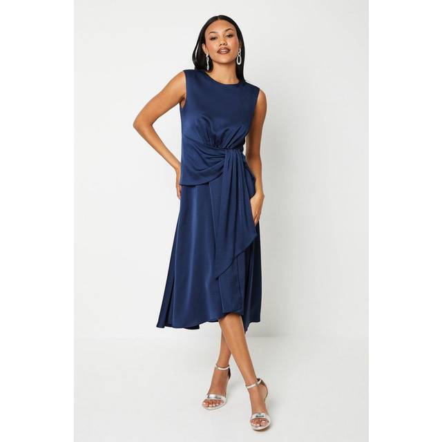 Sash Front Drape Skirt Satin Midi Dress - Navy - 10