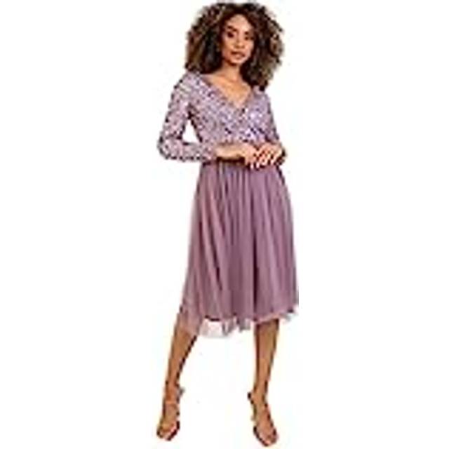Faux Wrap Embellished Long Sleeve Midi Dress - Lilac - 28