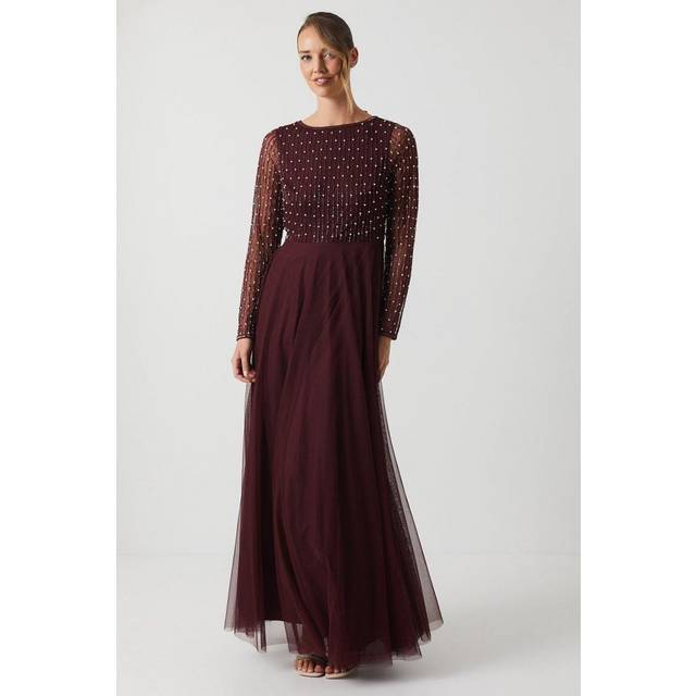 Pearl Geometric Cowl Back Long Sleeve Bridesmaid Dress - Malbec - 10