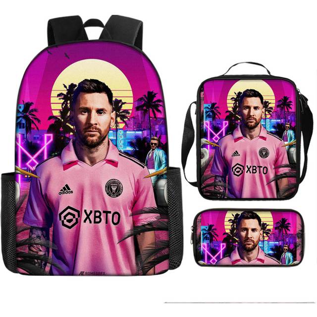 (11) 3Pcs Boys Girls Neymar Ronaldo Messi Backpack Lunch Bag Pencil Case Schoolbag