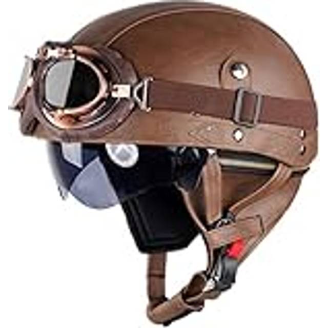 CHAO YANG Retrohjälm, motorcykelhjälm, läderhjälm, Jethelme, vintage, mopedhjälm med glasögon, ECE-certifierad motorcykelkorsskoterhjälm i tysk stil (brun (färg XL/61-62 cm)