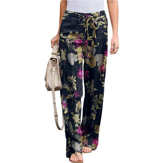 (Dark Blue, Tag Size S=UK Size 6) Women's Drawstring Cotton Linen Long Pants Ladies Floral Palazzo Casual Trousers
