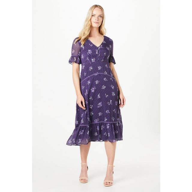 Oasis Womens Petite Floral Dobby Button Midi Dress - Navy - Size 12 UK