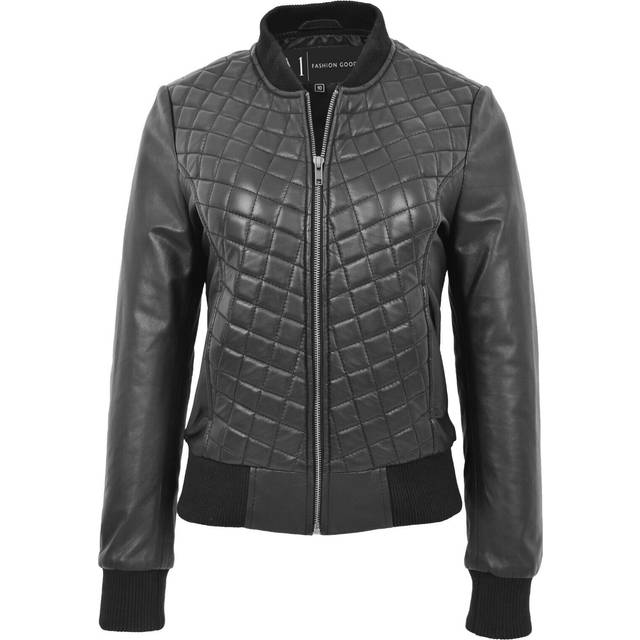 Womens real black leather bomber jacket diamond quilted designer fitted varsity