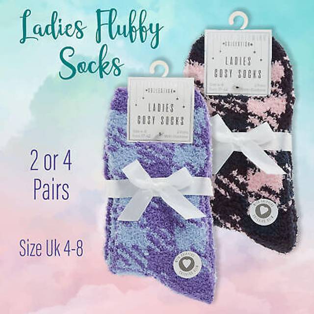 Ladies warm cosy fluffy bed check winter loungewear socks with non slip grip 4-8