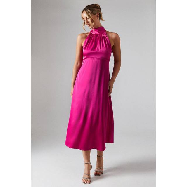 Oasis Womens Satin Halter Neck Midi Bridesmaids Dress - Light Pink - Size 16 UK