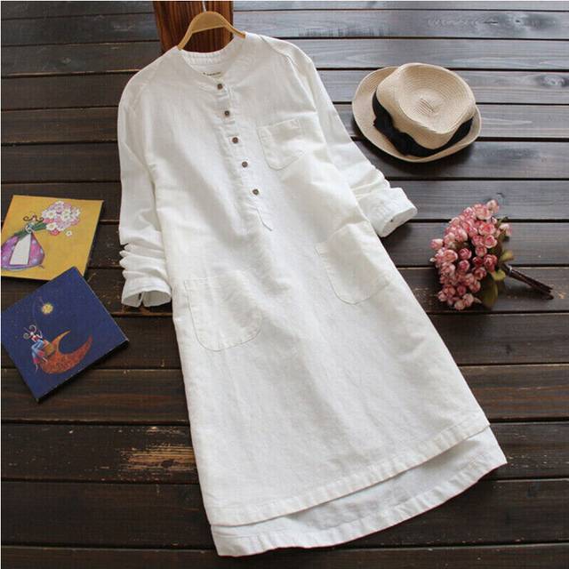 (White, 5XL) Womens Long Sleeve Collared Cotton Linen Pullover Dress Ladies Solid Shift Dress
