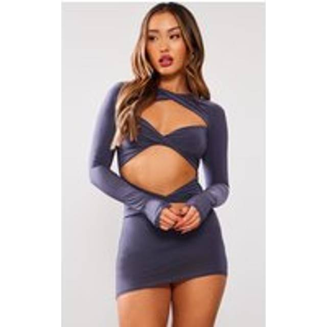 Petite Grey Cut Out Long Sleeve Mini Bodycon Dress, Grey - 14