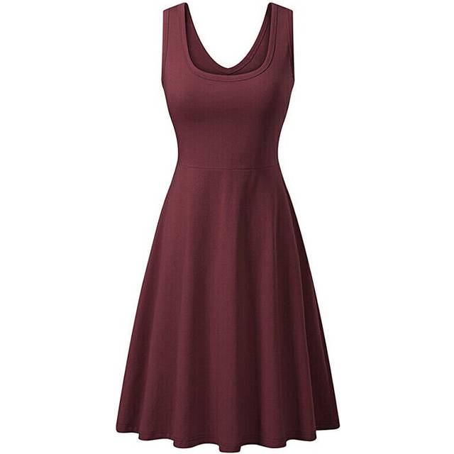 (Wine Red, Tag Size 3XL=UK Size 16) Womens Sleeveless Solid Vest Swing Dress Ladies Casual Slim Fit Beach Sundress