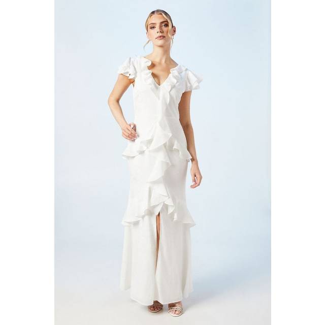 Oasis Womens V Neck Ruffle Floral Chiffon Wedding Dress - White - Size 10 UK