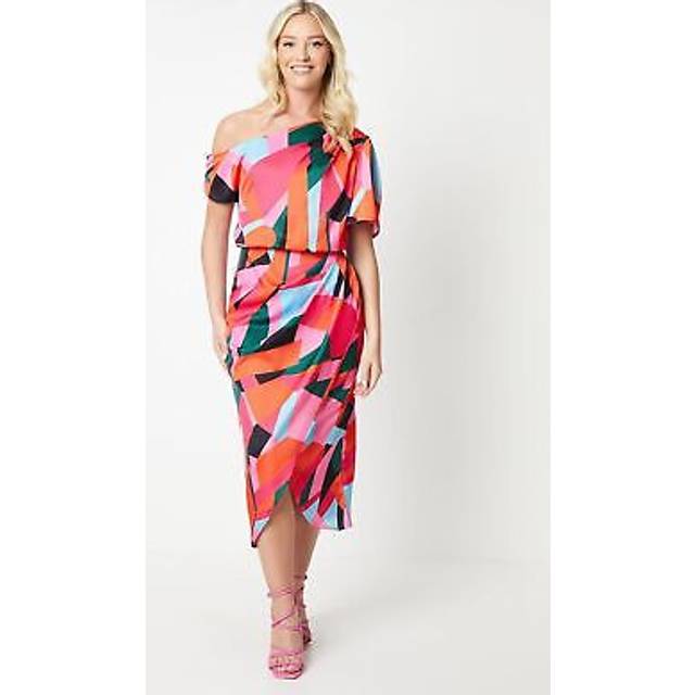 Debut london womens midi dress multi abstract print cold shoulder tie waist