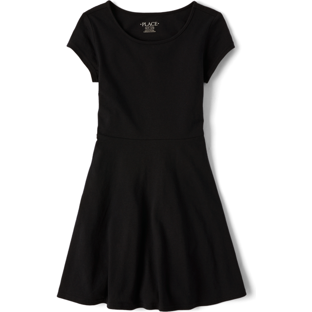The Children's Place girls Short Sleeve Solid Knit Pleat Dress  Black  7 8 US