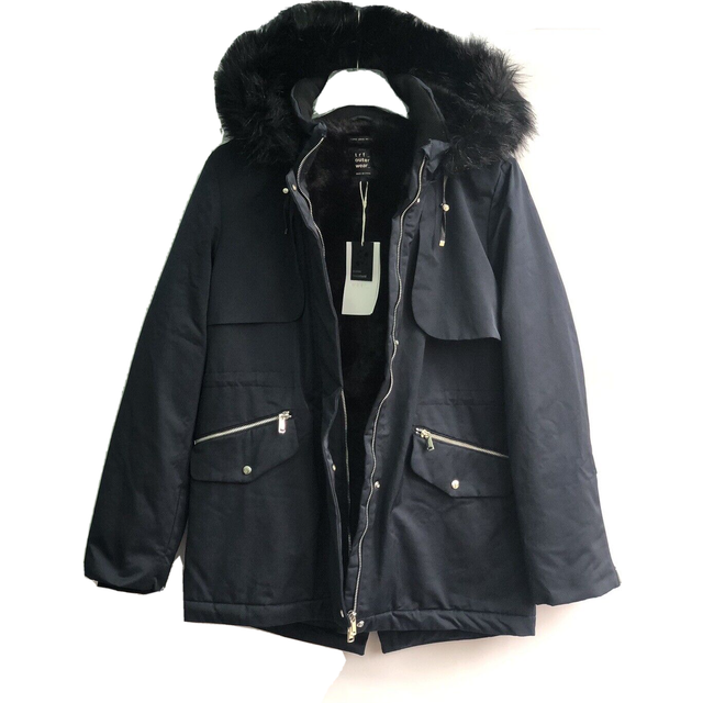 Zara navy parka coat with hood water resistant size small ref 1255 271
