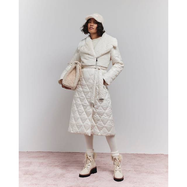 River Island Womens Cream Faux Fur Quilted Longline Coat - 8