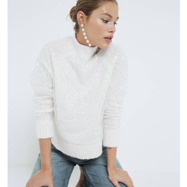 River Island Womens Cream Sequin Overlay High Neck Jumper - L
