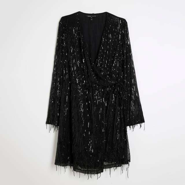 River Island Womens Plus Black Sequin Fringe Wrap Mini Dress - 22