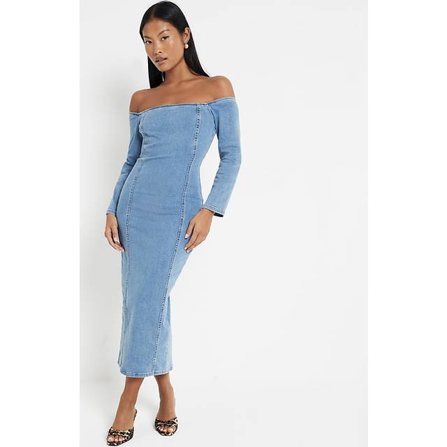 River Island Womens Petite Blue Denim Bardot Stretch Midi Dress - 14