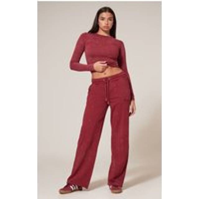 PRETTYLITTLETHING Dark Red Washed Low Rise Oversized Wide Leg Joggers, Dark Red - XL