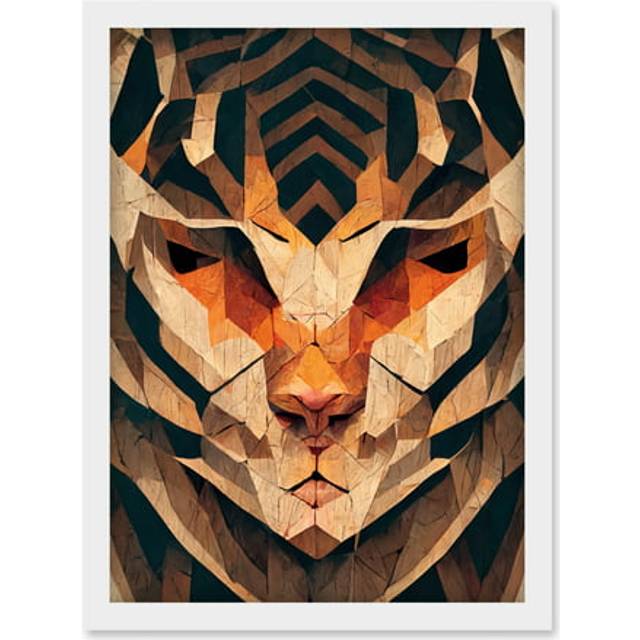 Geometric Tiger Head Wood Carving Artwork Framed Wall Art Print A4 - White - One Size