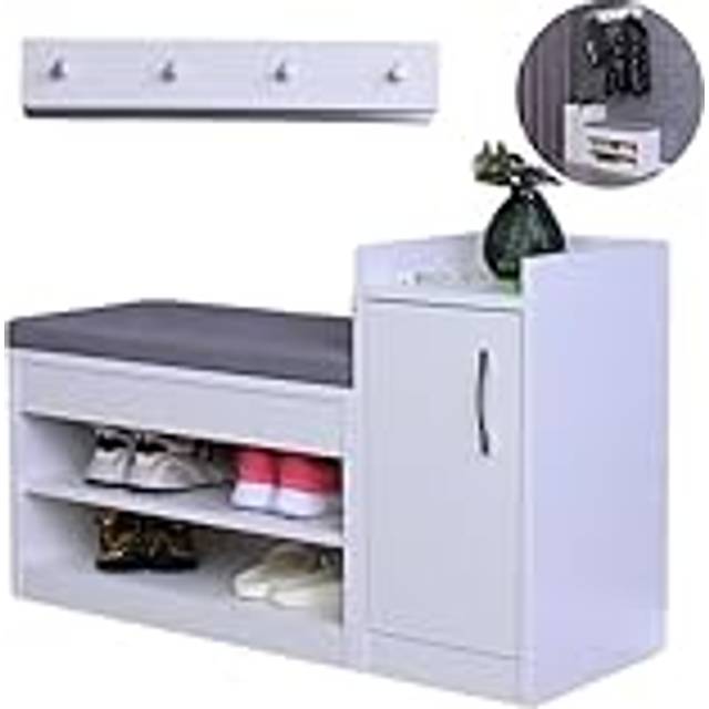 Shoe Racks Storage Bench with Wall-Mounted Coat Stand Shoe Storage Seat - White - Large
