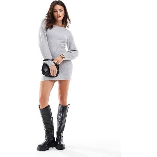 Miss Selfridge – Grå, stickad miniklänning med rund halsringning och puffärmar-Grå/a