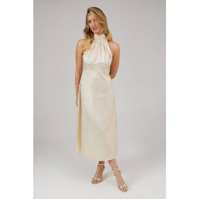 Oasis Womens Shimmer Chiffon Halterneck Bridesmaids Dress - Gold - Size 14 UK