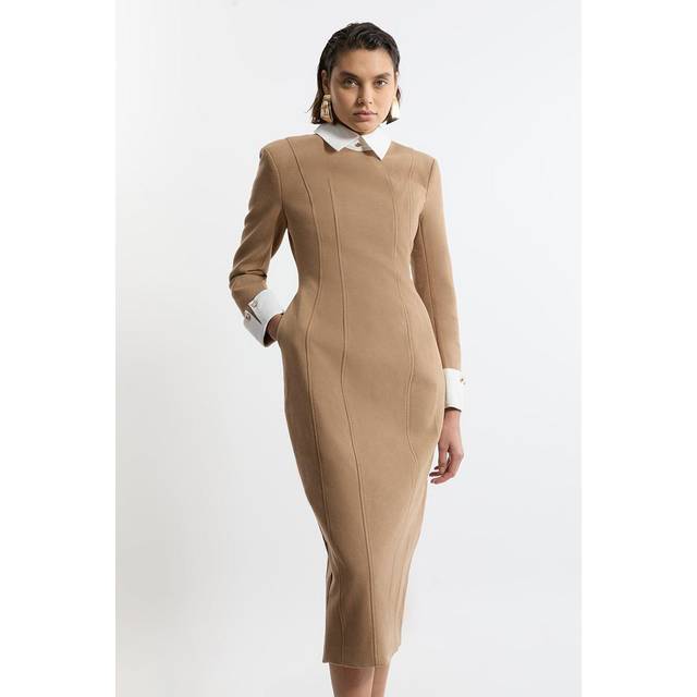 Brushed Tailored Jersey Long Sleeve Scuba Midi Dress - Camel