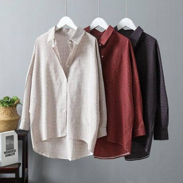 (L, Beige) 2020 Vintage Women Cotton Blouses Womens Tops And Blouses Boho Women Plaid Shirts Blusas Roupa Feminina Clothes Tops