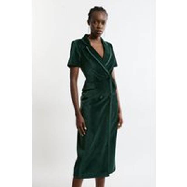 Velvet Groisgrain Double Breasted Blazer Dress - Green
