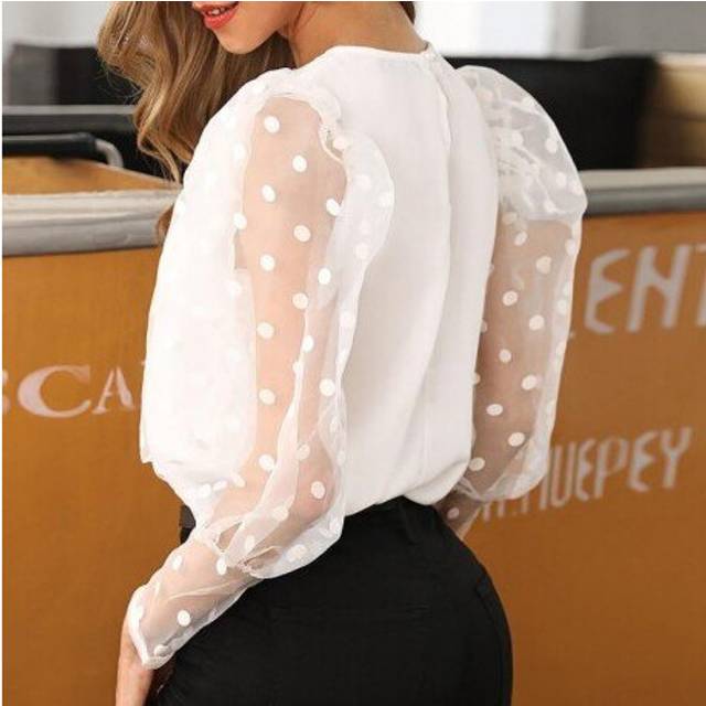 (Asian Size M, C) Fashion Long Sleeve Sheer Mesh Blouse Sexy Sleeve Tops Vintage Polka Dot Printed Sleeve Baggy Blouse O-neck Shirts