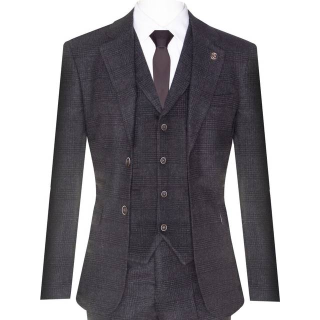 TruClothing Mens Black 3 Piece Tweed Suit Peaky Blinders 1920s Gatsby Classic Tailored Fit Canvas - Size 48 (Chest)