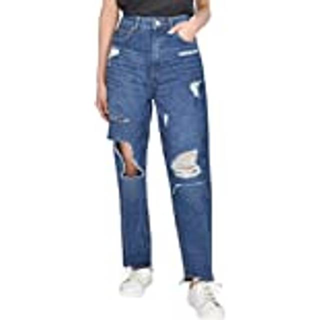Smart Living Casual Style High-Waisted Torn Hem Rip Mom Jeans In Dark Blue - 16