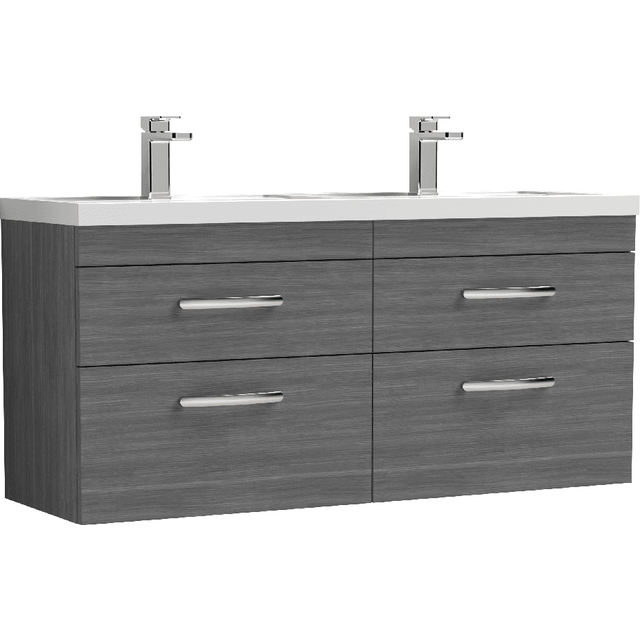 Nuie Athena Woodgrain Wall Hung 4 Drawer Vanity Unit and Double Polymarble Basins | Anthracite | MDF | 1200mm